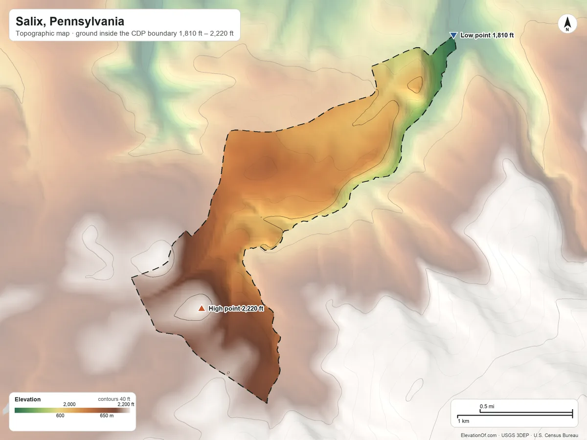 Topographic elevation map of Salix, Pennsylvania, shaded from 1,810 ft on the northeast side to 2,220 ft on the southwest edge, below higher ground just outside