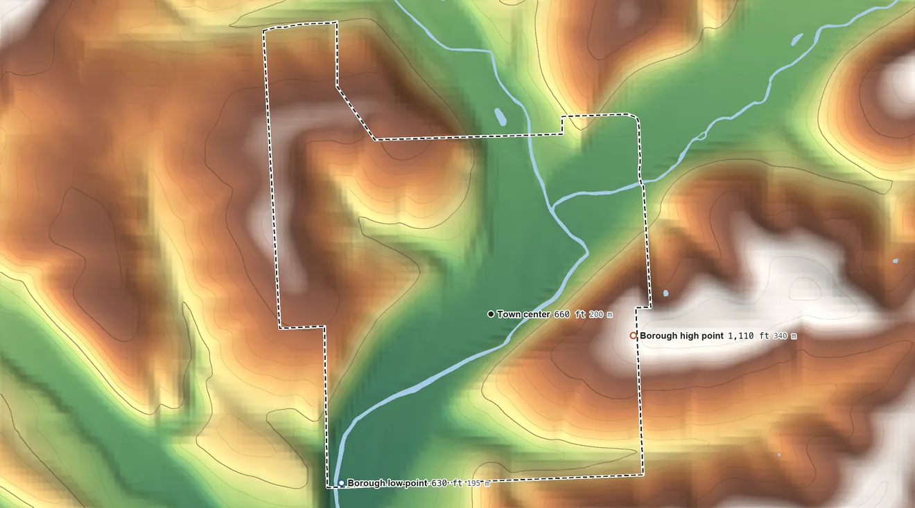 Topographic elevation map of Salladasburg, Pennsylvania, shaded from 630 ft on the southwest side to 1,110 ft on the east edge, below higher ground just outside