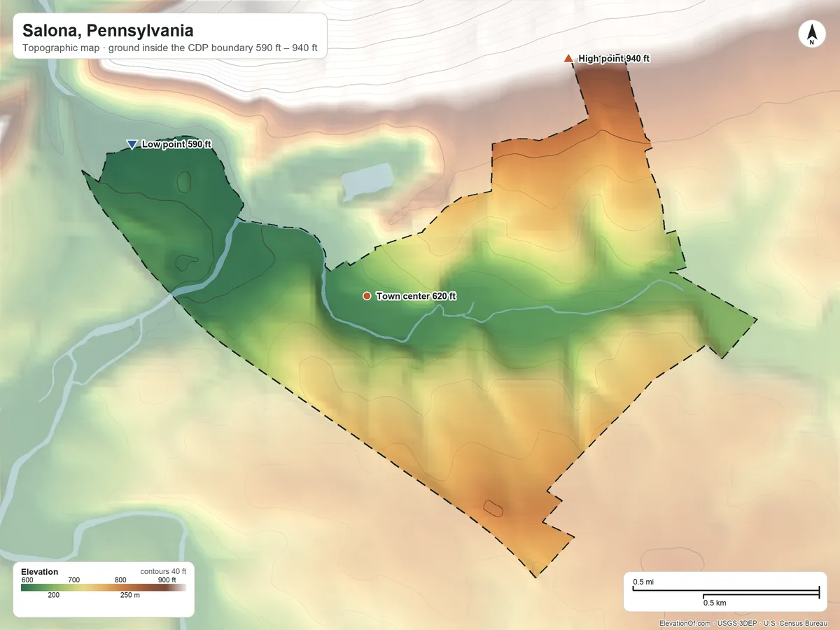Topographic elevation map of Salona, Pennsylvania, shaded from 590 ft on the northwest side to 940 ft on the northeast edge, below higher ground just outside