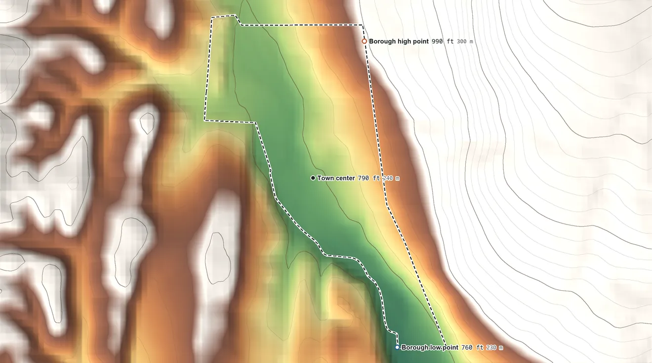 Topographic elevation map of Saltillo, Pennsylvania, shaded from 760 ft on the southeast side to 990 ft at the foot of the Appalachian Mountains