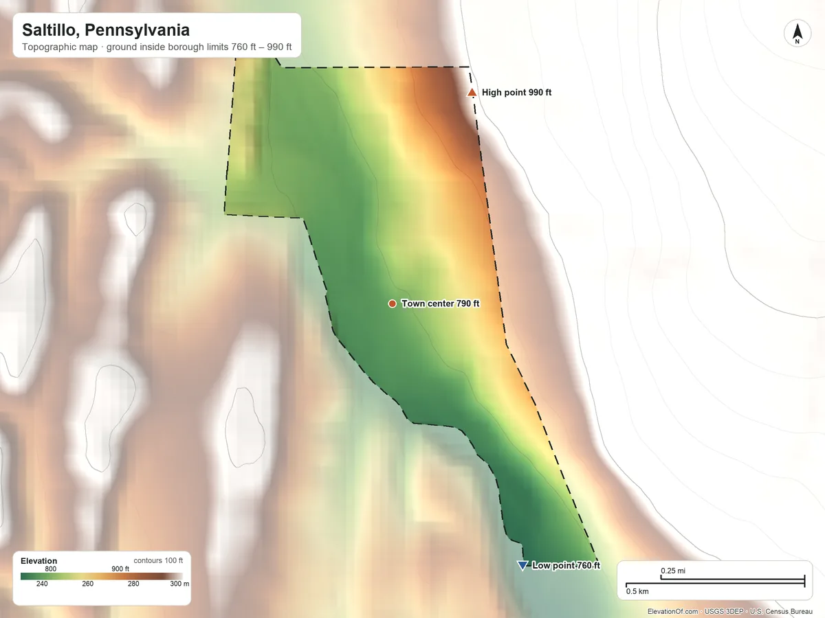 Topographic elevation map of Saltillo, Pennsylvania, shaded from 760 ft on the southeast side to 990 ft at the foot of the Appalachian Mountains