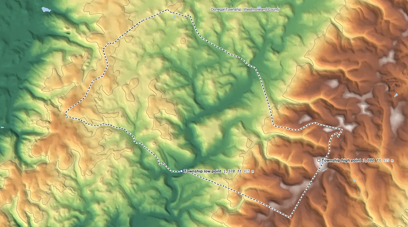 Topographic elevation map of Saltlick Township, Pennsylvania, shaded from 1,370 ft on the south side to 3,000 ft on the southeast side
