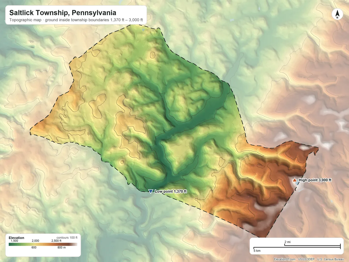 Topographic elevation map of Saltlick Township, Pennsylvania, shaded from 1,370 ft on the south side to 3,000 ft on the southeast side