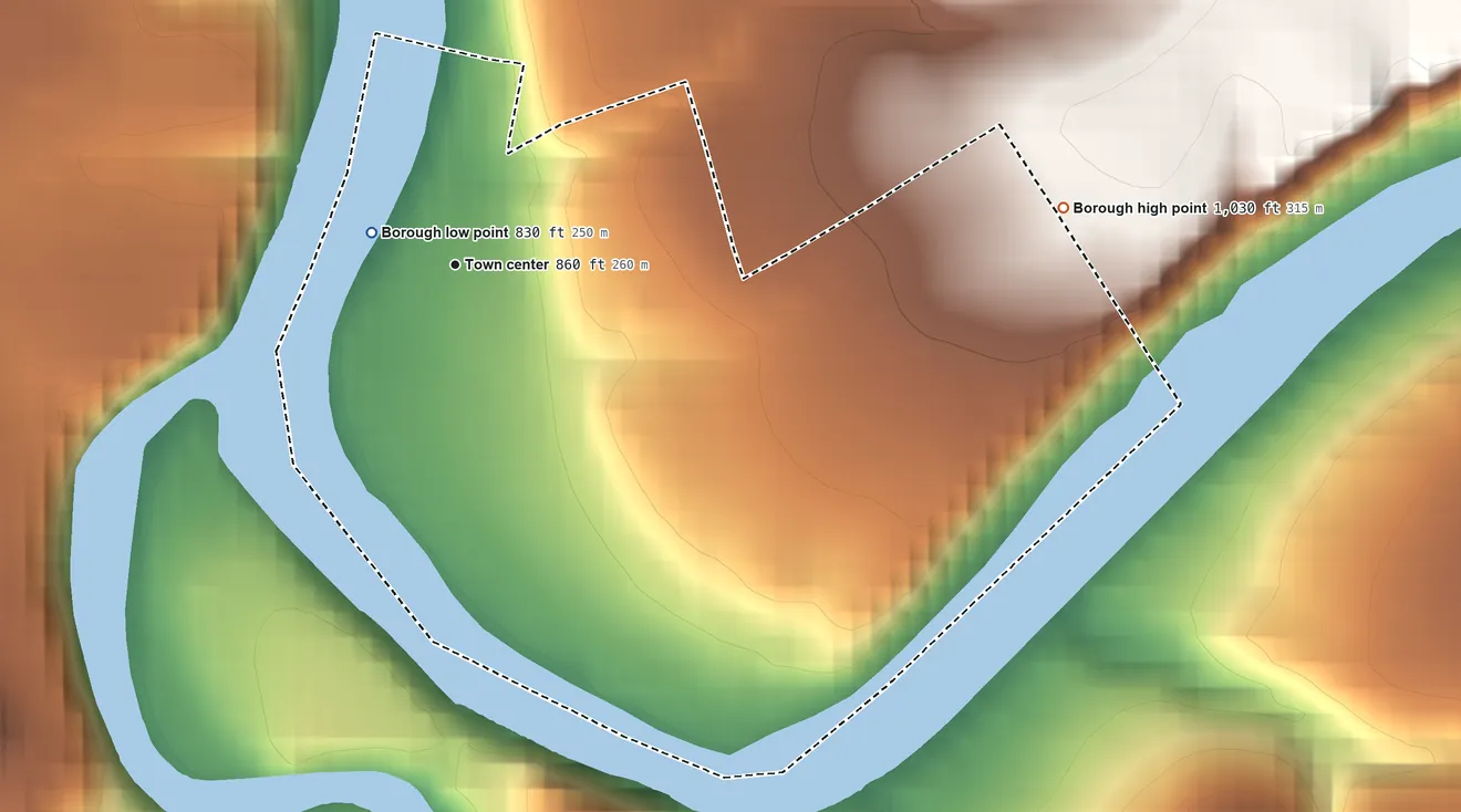 Topographic elevation map of Saltsburg, Pennsylvania, shaded from 830 ft near the middle to 1,030 ft on the east side