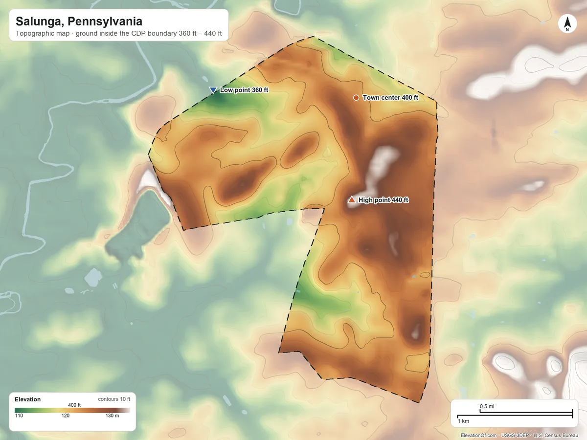 Topographic elevation map of Salunga, Pennsylvania, shaded from 360 ft on the west side to 440 ft on the south side