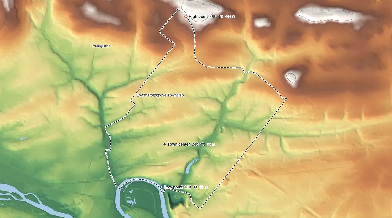 Topographic elevation map of Sanatoga, Pennsylvania, shaded from 110 ft on the south side to 490 ft on the north side