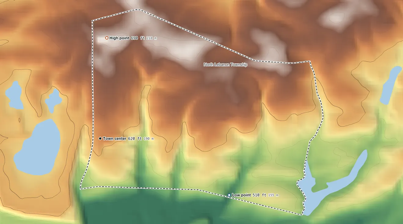 Topographic elevation map of Sand Hill, Pennsylvania, shaded from 510 ft on the southeast side to 690 ft on the north side