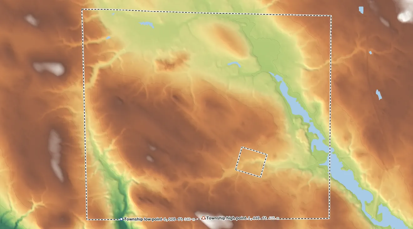 Topographic elevation map of Sandy Creek Township, Pennsylvania, shaded from 1,110 ft on the southwest side to 1,440 ft on the south side