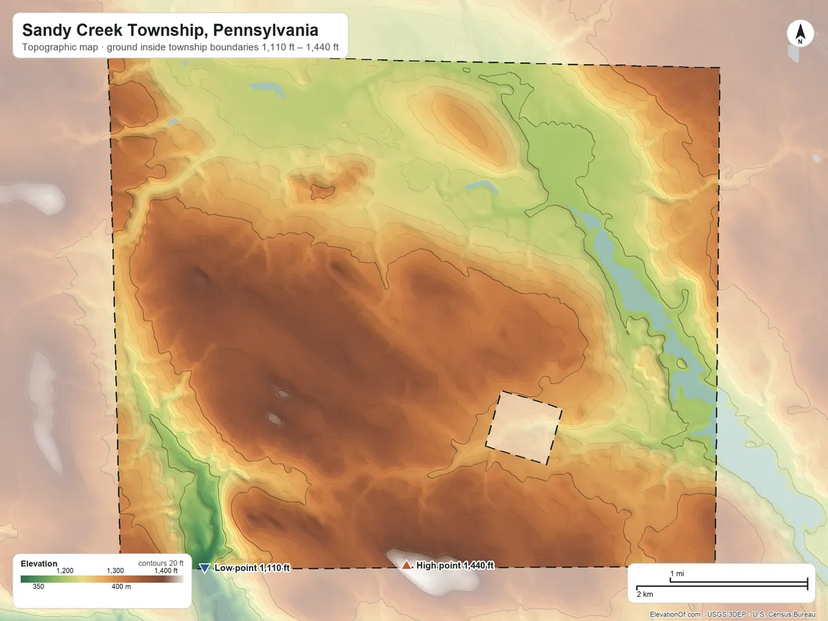 Topographic elevation map of Sandy Creek Township, Pennsylvania, shaded from 1,110 ft on the southwest side to 1,440 ft on the south side