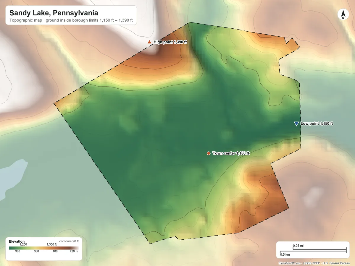 Topographic elevation map of Sandy Lake, Pennsylvania, shaded from 1,150 ft on the east side to 1,390 ft on the northwest side