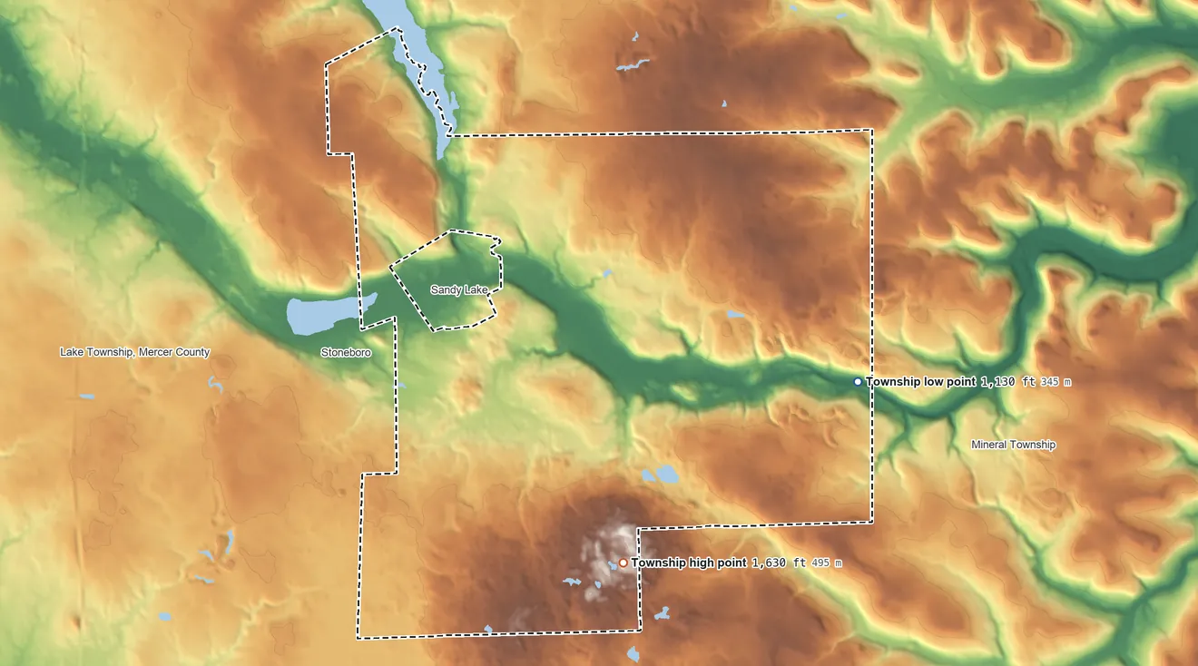 Topographic elevation map of Sandy Lake Township, Pennsylvania, shaded from 1,130 ft on the east side to 1,630 ft on the south side
