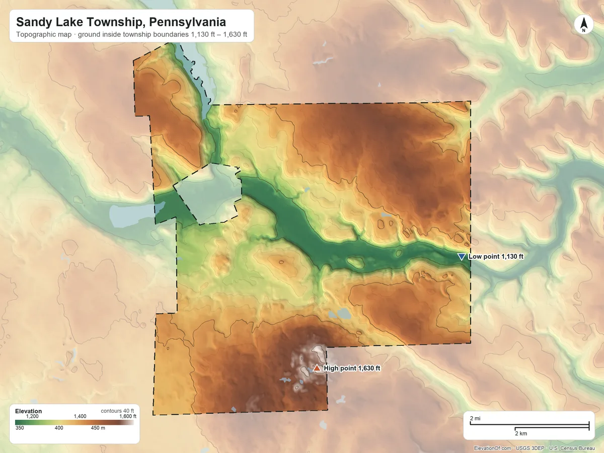 Topographic elevation map of Sandy Lake Township, Pennsylvania, shaded from 1,130 ft on the east side to 1,630 ft on the south side