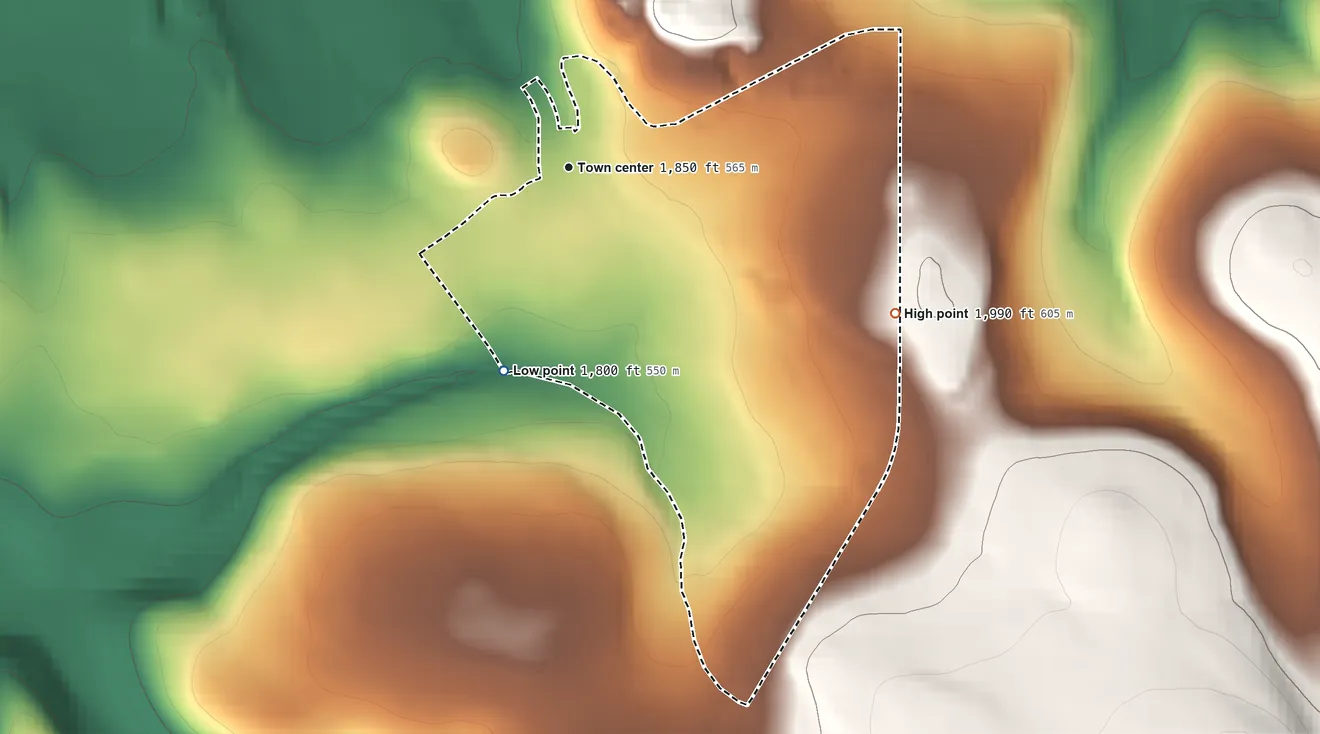 Topographic elevation map of Sandy Ridge, Pennsylvania, shaded from 1,800 ft on the south side to 1,990 ft on the southeast side