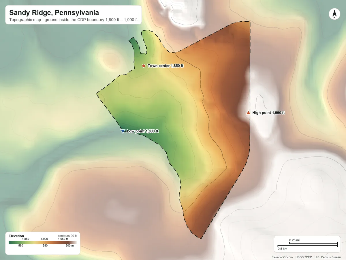 Topographic elevation map of Sandy Ridge, Pennsylvania, shaded from 1,800 ft on the south side to 1,990 ft on the southeast side