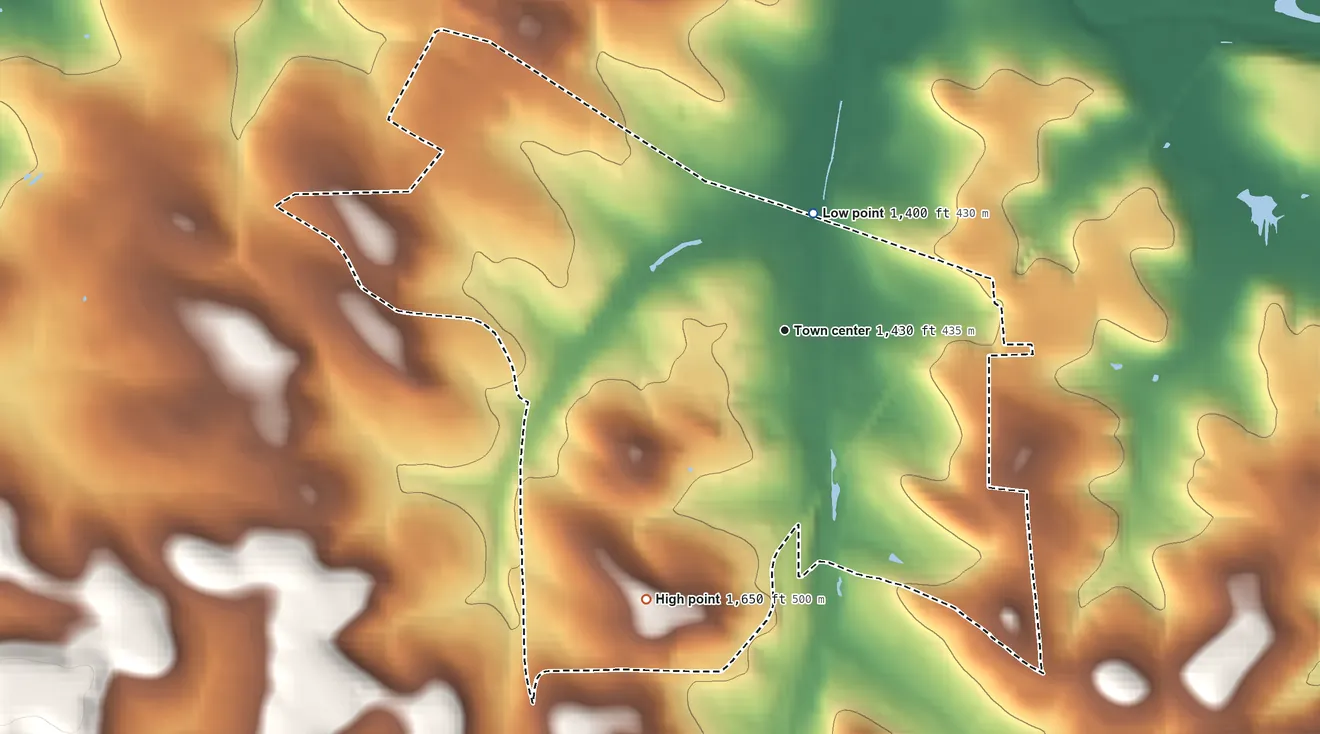 Topographic elevation map of Sandy, Pennsylvania, shaded from 1,400 ft on the north side to 1,650 ft on the southwest side