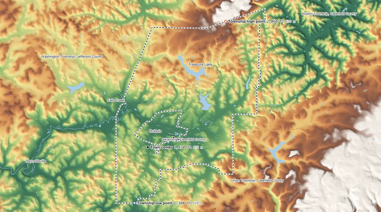Topographic elevation map of Sandy Township, Pennsylvania, shaded from 1,380 ft on the south side to 2,060 ft on the northeast side