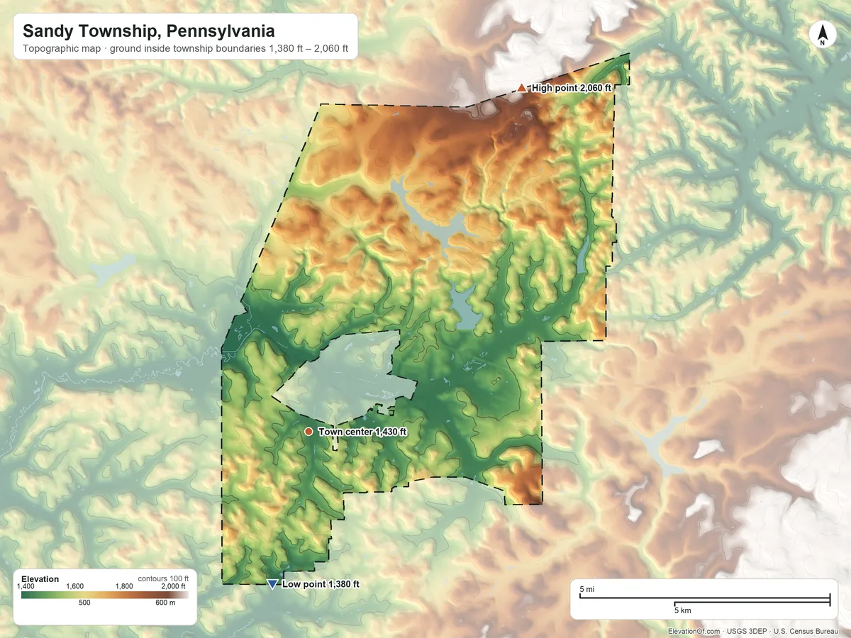 Topographic elevation map of Sandy Township, Pennsylvania, shaded from 1,380 ft on the south side to 2,060 ft on the northeast side