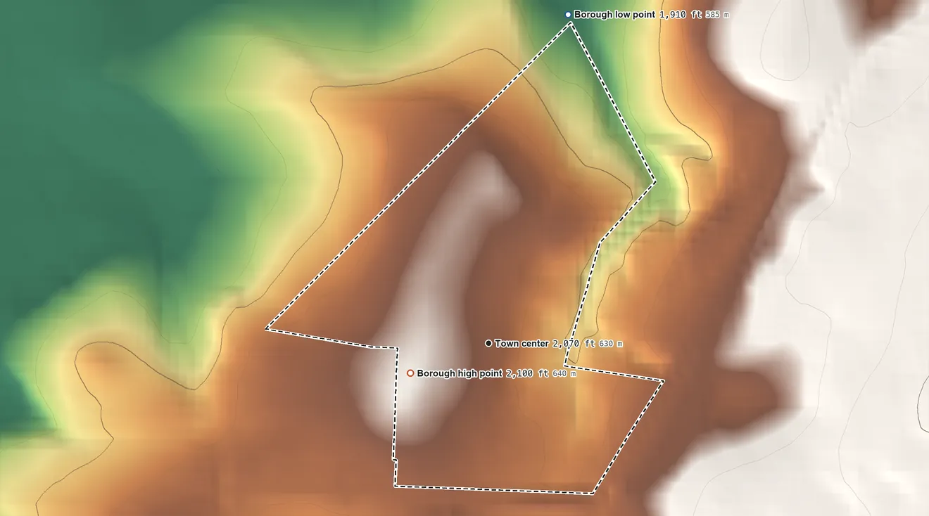 Topographic elevation map of Sankertown, Pennsylvania, shaded from 1,910 ft on the north side to 2,100 ft on the west edge, below higher ground just outside