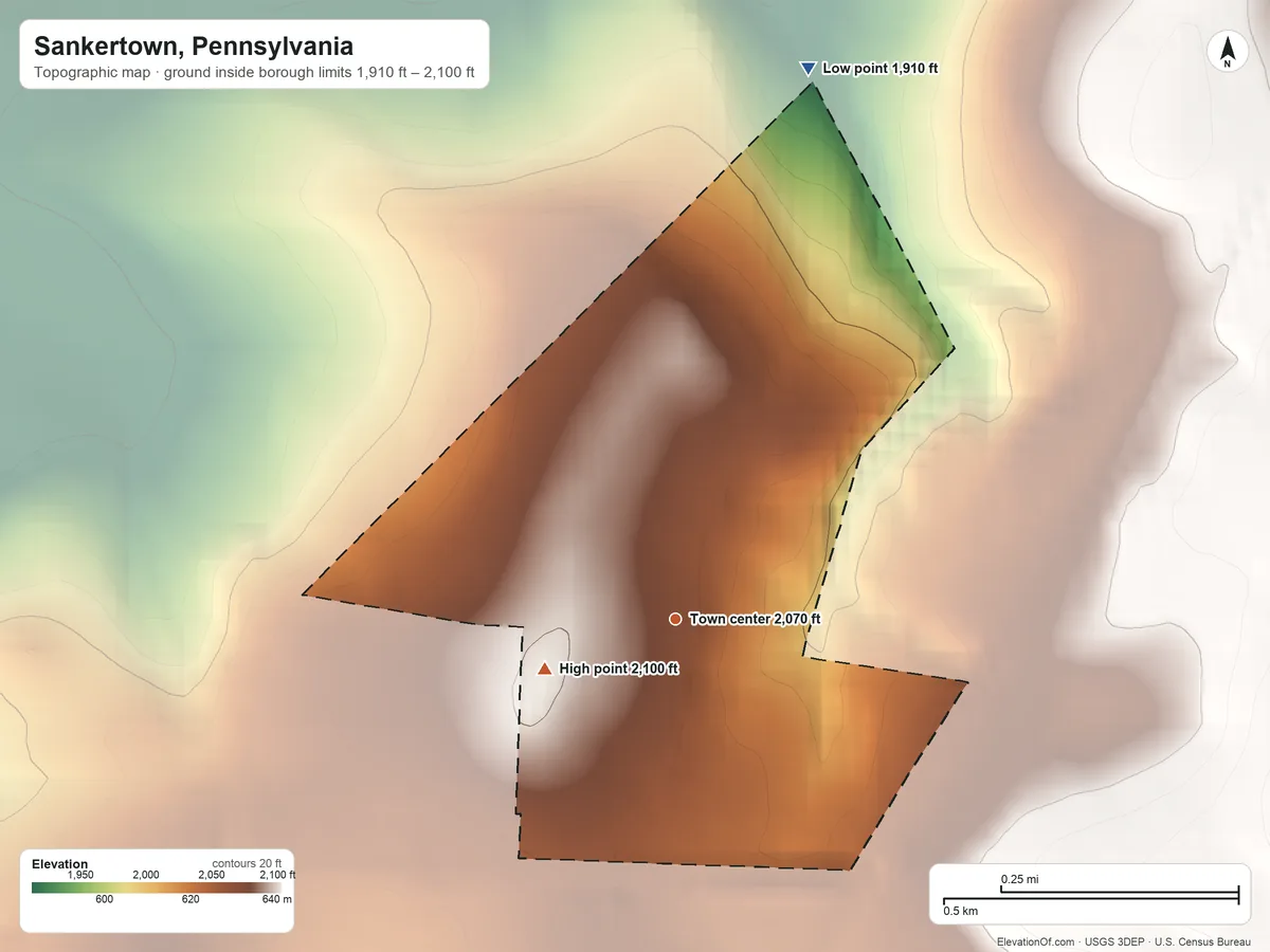 Topographic elevation map of Sankertown, Pennsylvania, shaded from 1,910 ft on the north side to 2,100 ft on the west edge, below higher ground just outside