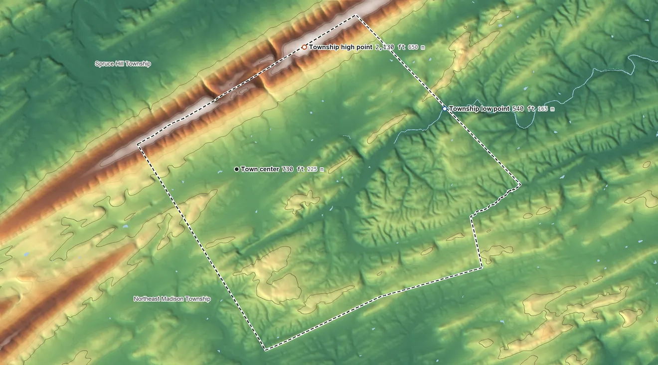 Topographic elevation map of Saville Township, Pennsylvania, shaded from 540 ft on the east side to 2,130 ft on the northeast side