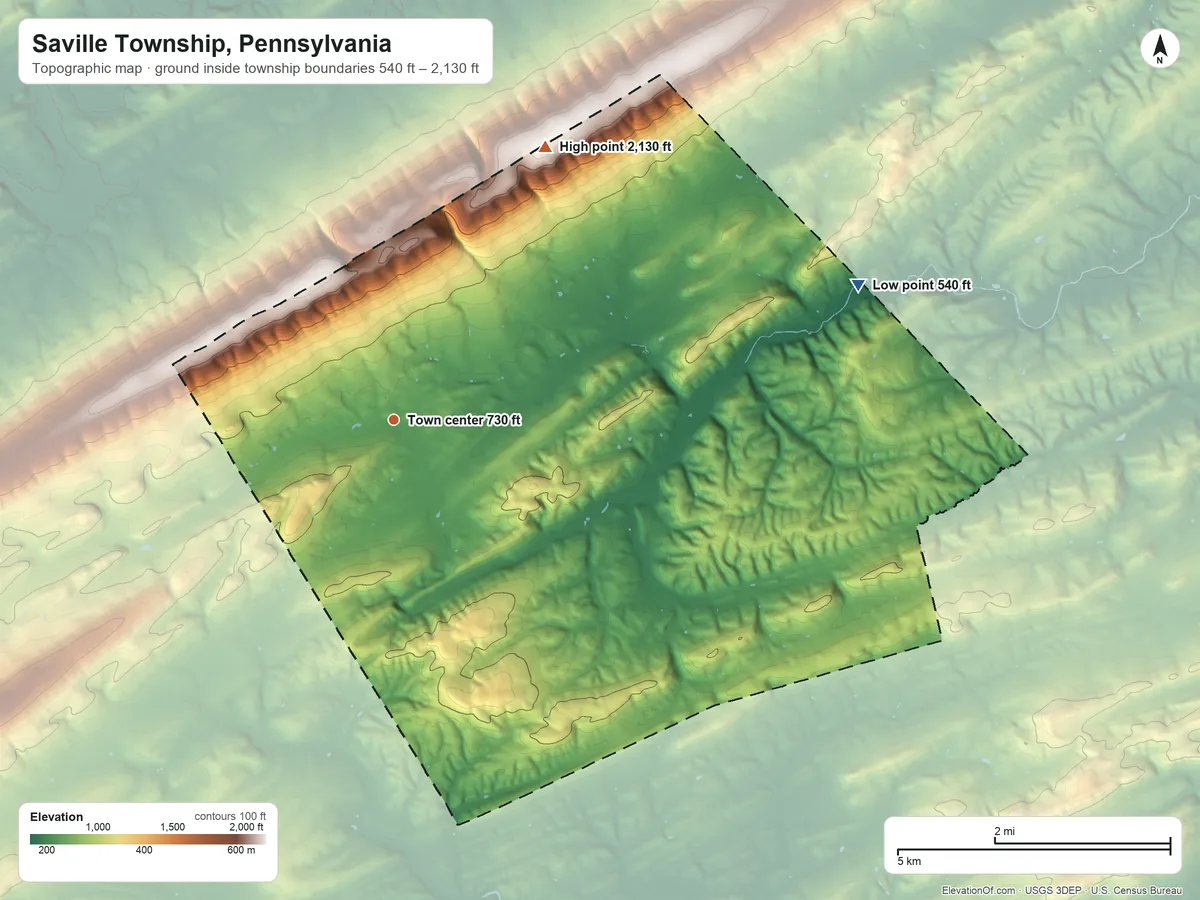 Topographic elevation map of Saville Township, Pennsylvania, shaded from 540 ft on the east side to 2,130 ft on the northeast side