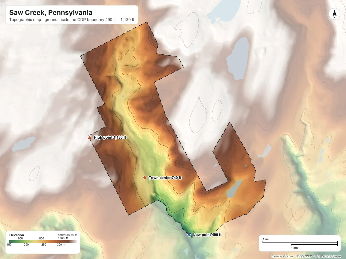 Topographic elevation map of Saw Creek, Pennsylvania, shaded from 490 ft on the southeast side to 1,130 ft on the northwest side