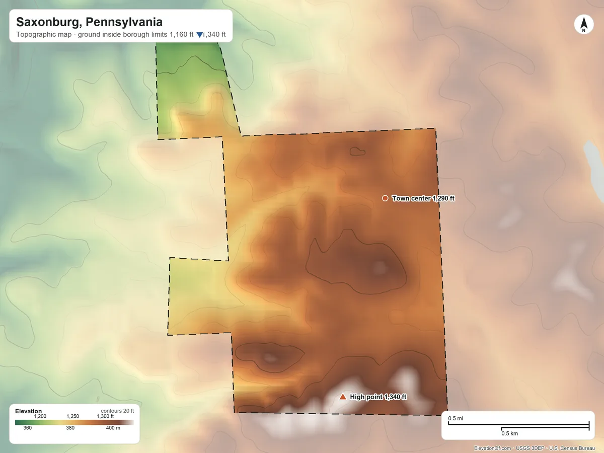Topographic elevation map of Saxonburg, Pennsylvania, shaded from 1,160 ft on the northwest side to 1,340 ft on the south side