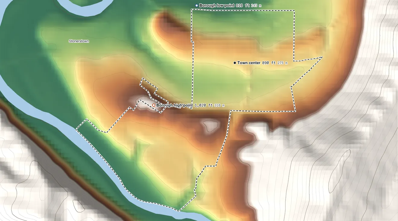 Topographic elevation map of Saxton, Pennsylvania, shaded from 810 ft on the northwest side to 1,020 ft at the foot of the Tussey Mountain