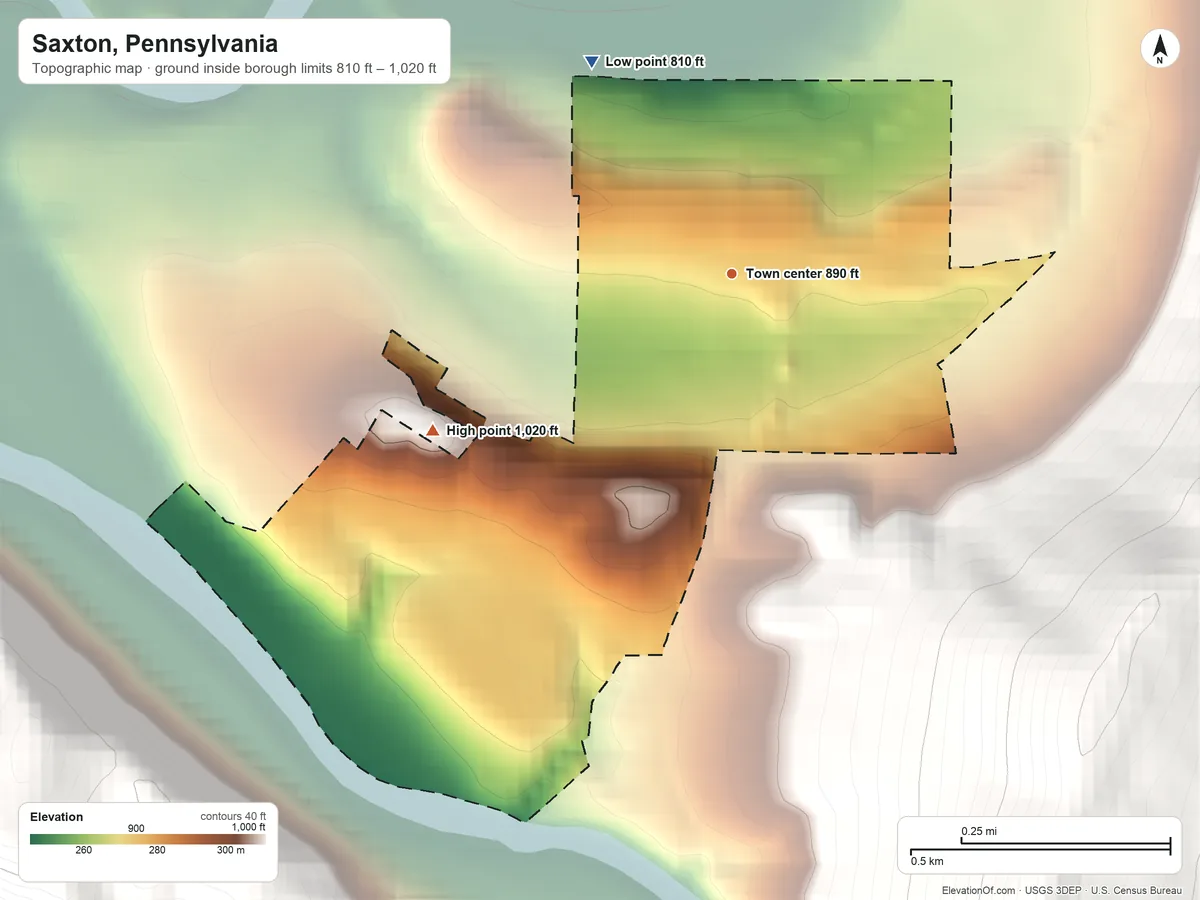 Topographic elevation map of Saxton, Pennsylvania, shaded from 810 ft on the northwest side to 1,020 ft at the foot of the Tussey Mountain