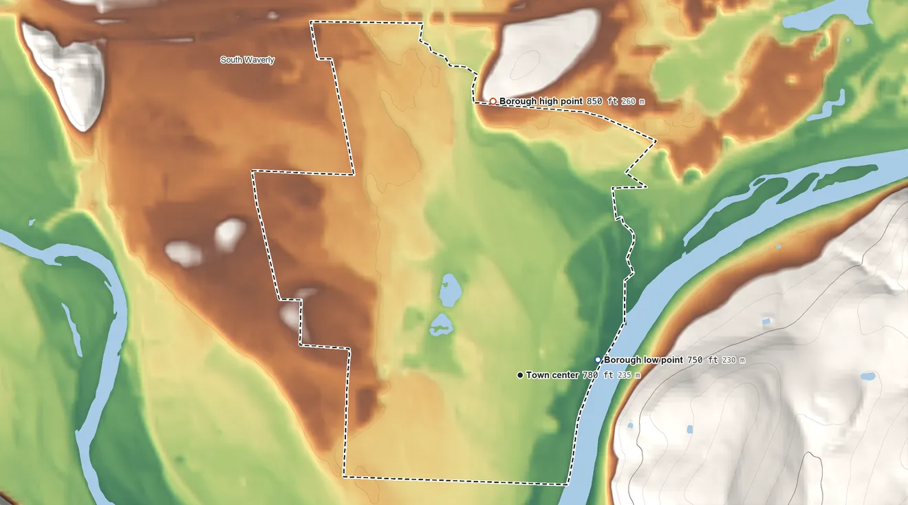 Topographic elevation map of Sayre, Pennsylvania, shaded from 750 ft on the east side to 850 ft on the north edge, below higher ground just outside