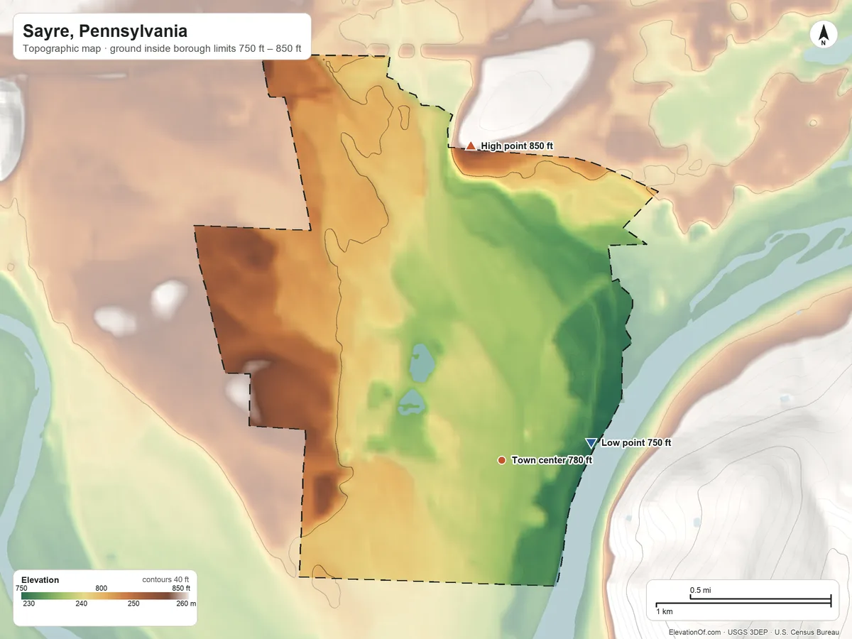 Topographic elevation map of Sayre, Pennsylvania, shaded from 750 ft on the east side to 850 ft on the north edge, below higher ground just outside