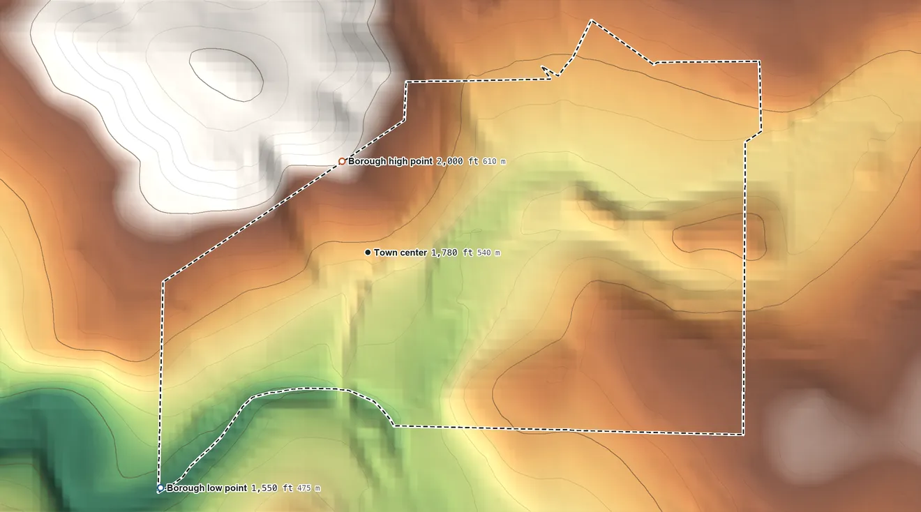 Topographic elevation map of Scalp Level, Pennsylvania, shaded from 1,550 ft on the southwest side to 2,000 ft on the north side
