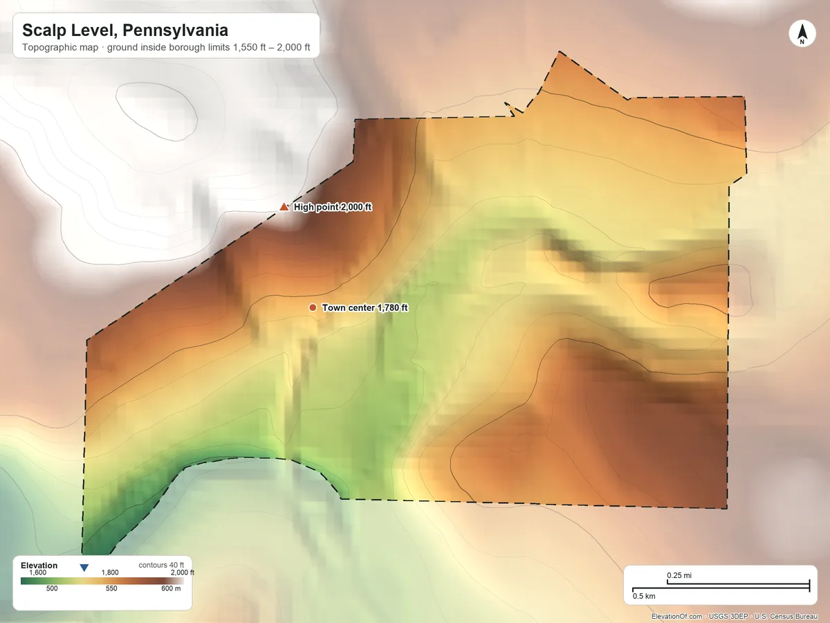 Topographic elevation map of Scalp Level, Pennsylvania, shaded from 1,550 ft on the southwest side to 2,000 ft on the north side