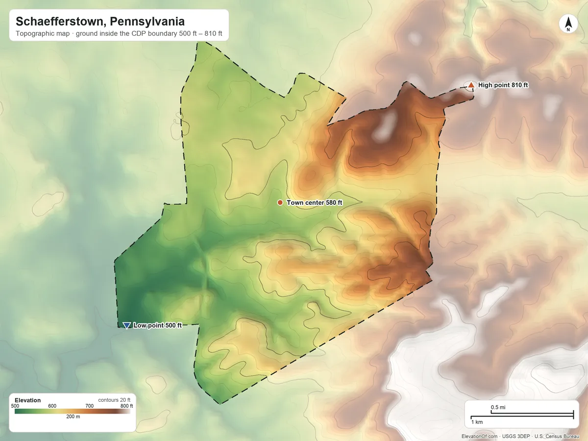Topographic elevation map of Schaefferstown, Pennsylvania, shaded from 500 ft on the southwest side to 810 ft on the northeast side