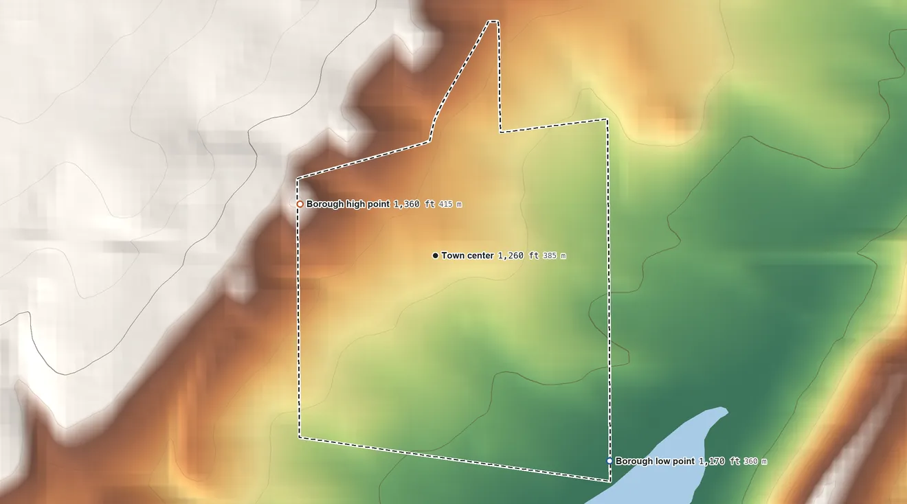 Topographic elevation map of Schellsburg, Pennsylvania, shaded from 1,170 ft on the southeast side to 1,360 ft on the west side