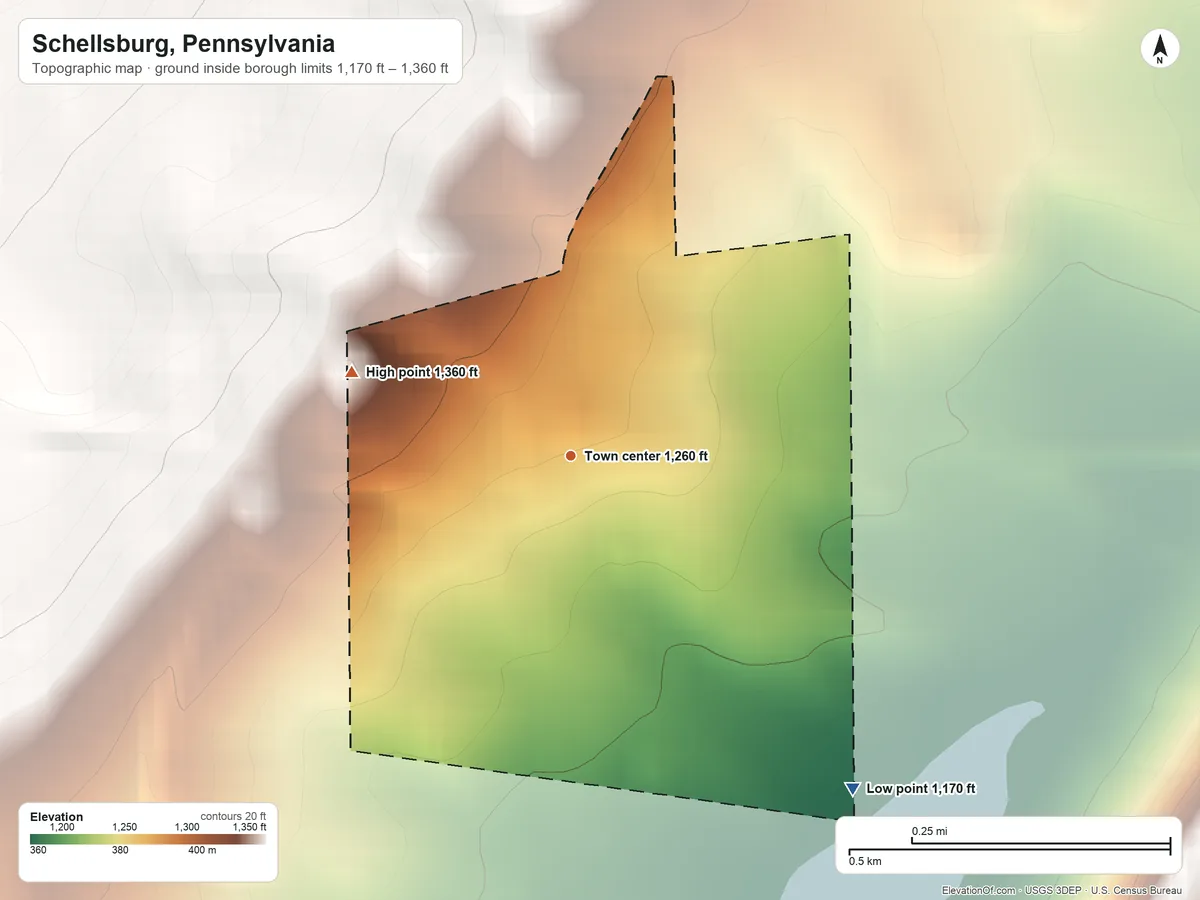 Topographic elevation map of Schellsburg, Pennsylvania, shaded from 1,170 ft on the southeast side to 1,360 ft on the west side
