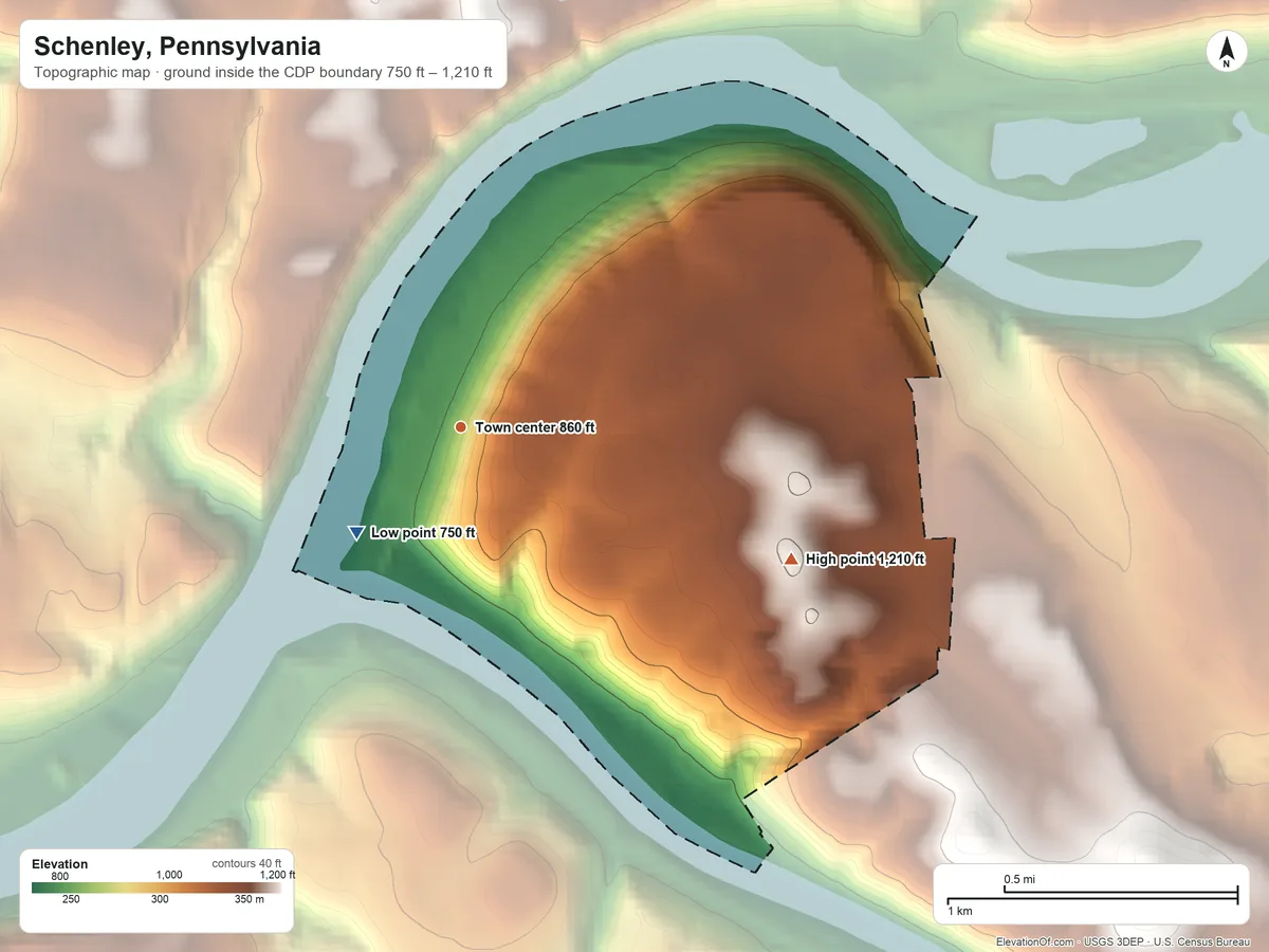 Topographic elevation map of Schenley, Pennsylvania, shaded from 750 ft on the southwest side to 1,210 ft on the east side