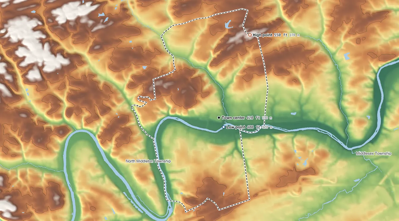 Topographic elevation map of Schlusser, Pennsylvania, shaded from 400 ft near the middle to 550 ft on the north side