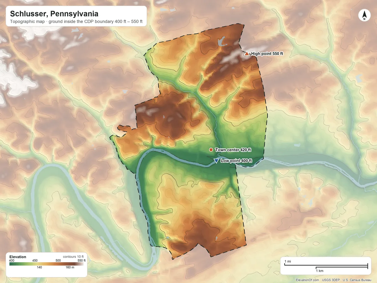 Topographic elevation map of Schlusser, Pennsylvania, shaded from 400 ft near the middle to 550 ft on the north side