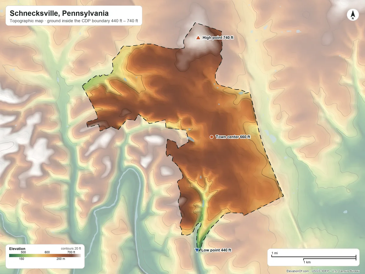 Topographic elevation map of Schnecksville, Pennsylvania, shaded from 440 ft on the south side to 740 ft on the north side