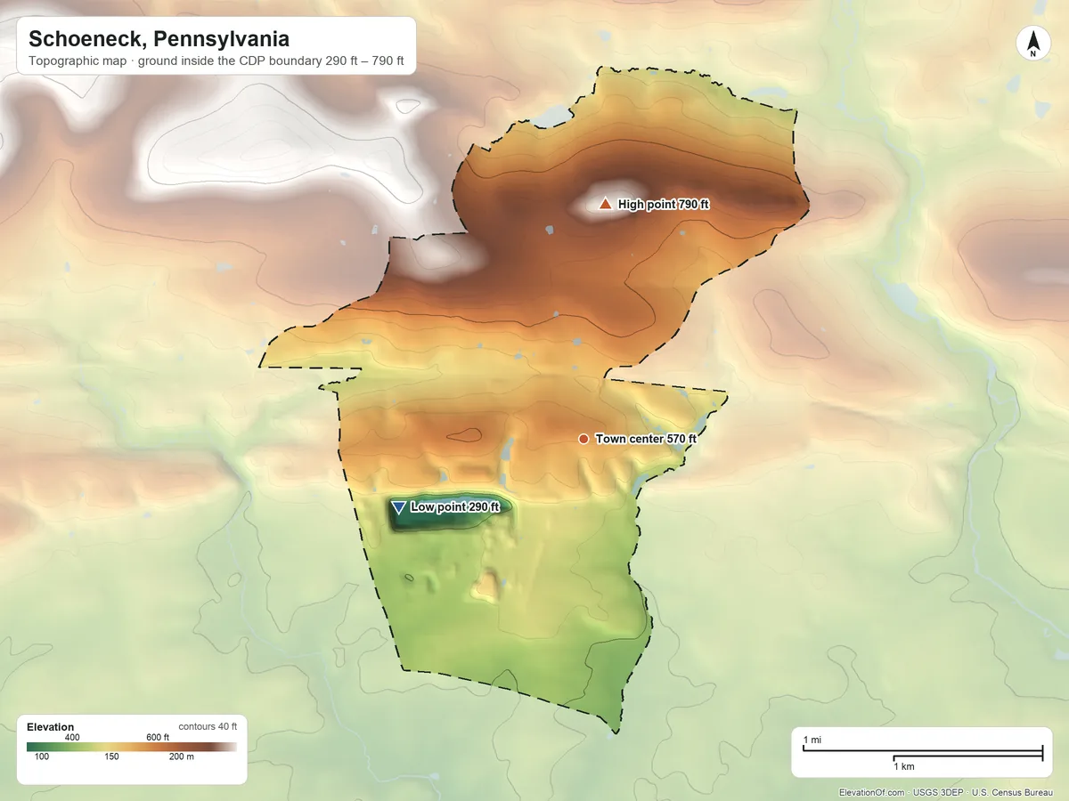 Topographic elevation map of Schoeneck, Pennsylvania, shaded from 290 ft on the west side to 790 ft on the north side