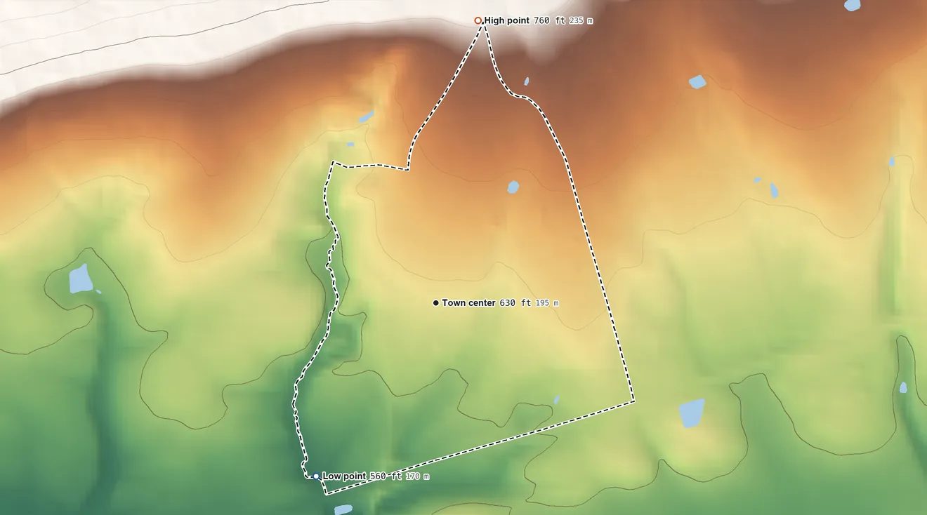 Topographic elevation map of Schubert, Pennsylvania, shaded from 560 ft on the southwest side to 760 ft at the foot of the South Mountain
