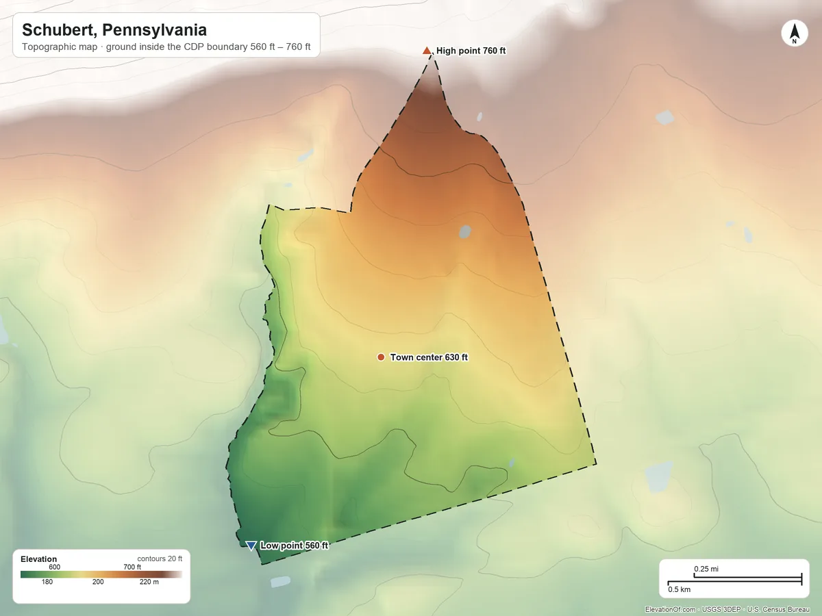 Topographic elevation map of Schubert, Pennsylvania, shaded from 560 ft on the southwest side to 760 ft at the foot of the South Mountain