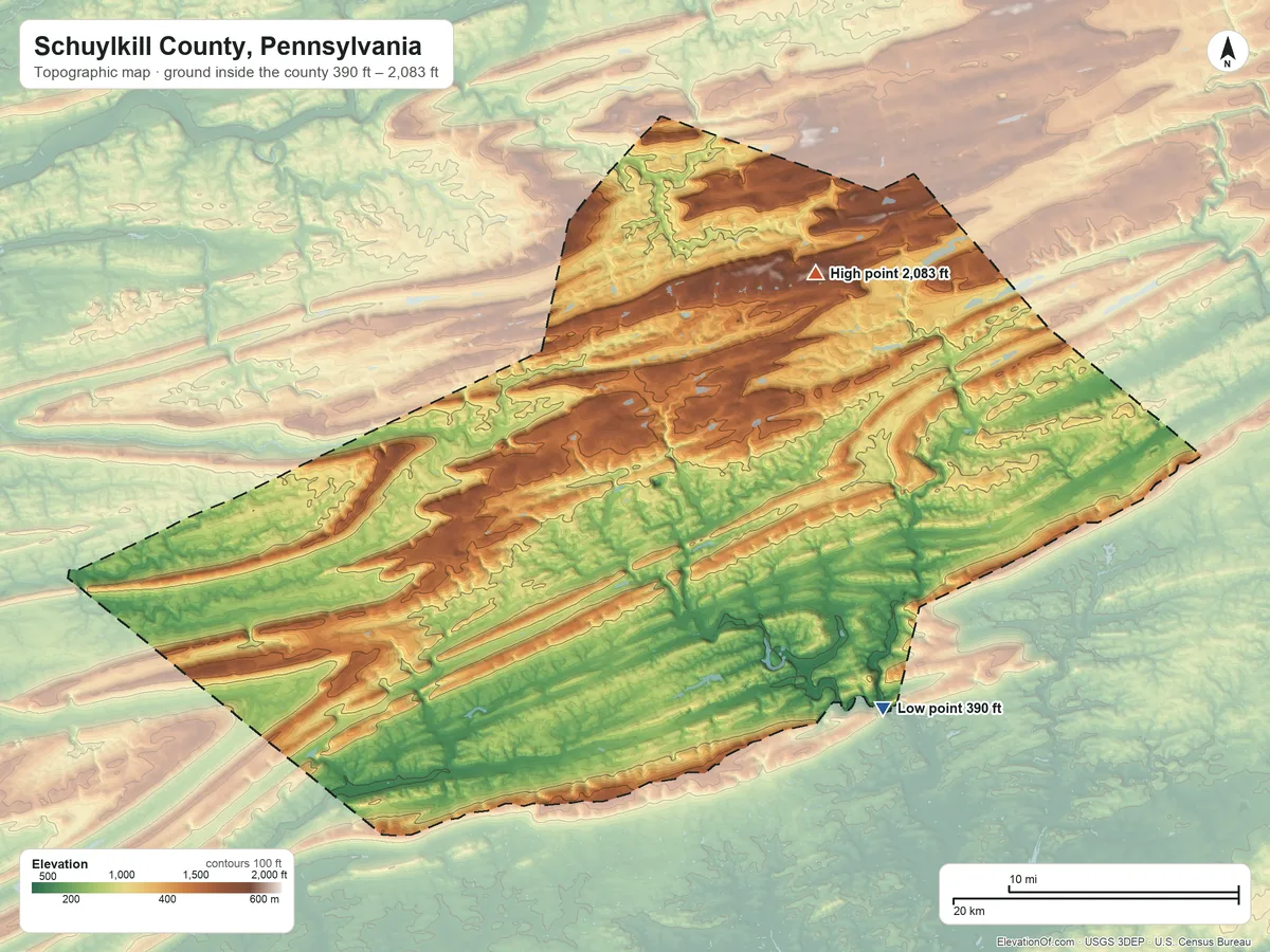 Topographic elevation map of Schuylkill County, Pennsylvania, shaded from 390 ft on the southeast side to 2,083 ft on Bears Head