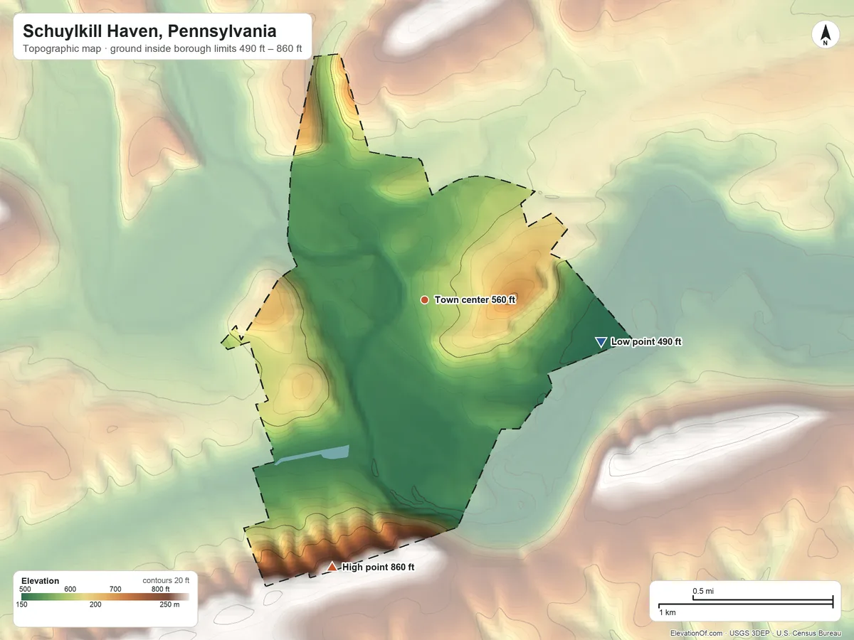 Topographic elevation map of Schuylkill Haven, Pennsylvania, shaded from 490 ft on the east side to 860 ft on the south side