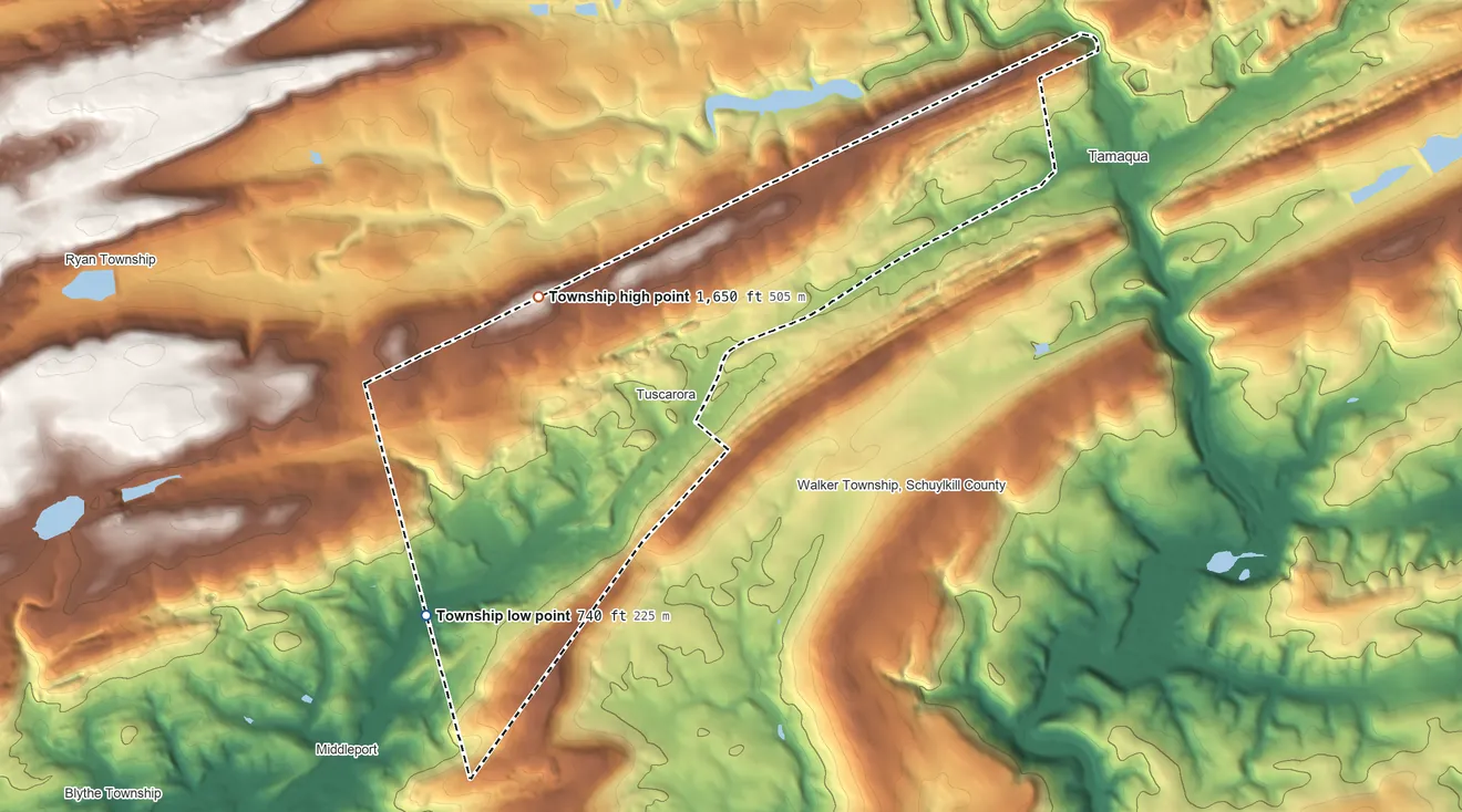 Topographic elevation map of Schuylkill Township, Schuylkill County, Pennsylvania, shaded from 740 ft on the southwest side to 1,650 ft on the north side