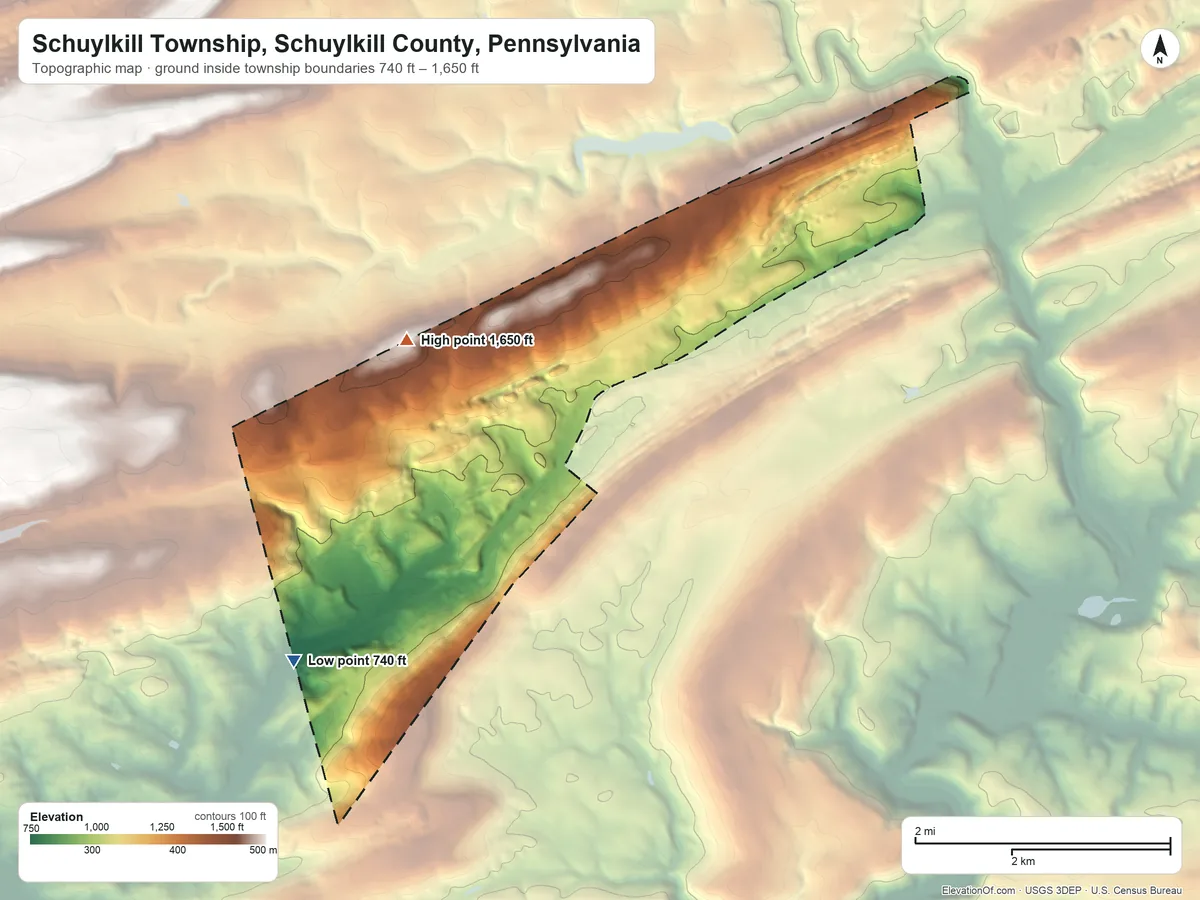 Topographic elevation map of Schuylkill Township, Schuylkill County, Pennsylvania, shaded from 740 ft on the southwest side to 1,650 ft on the north side