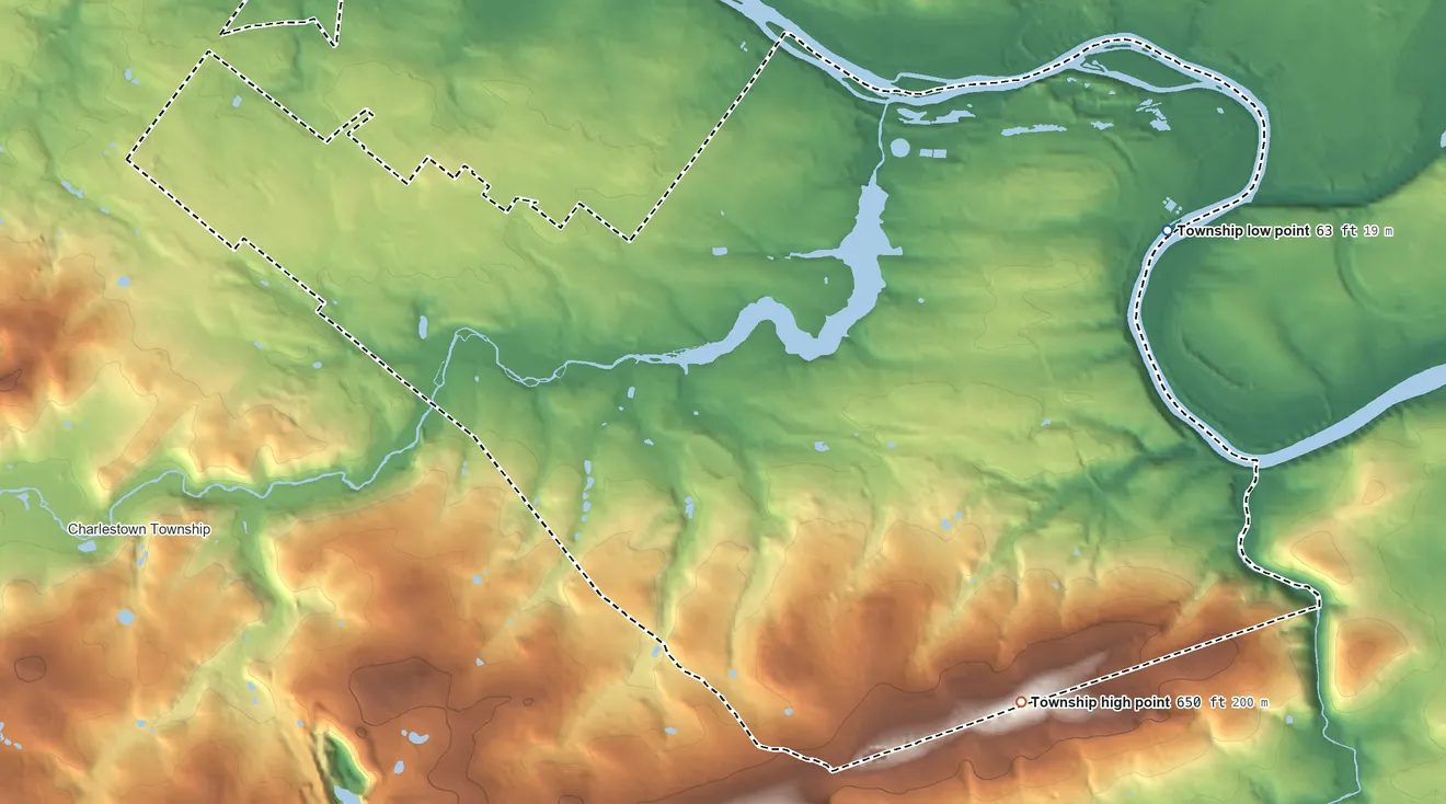Topographic elevation map of Schuylkill Township, Pennsylvania, shaded from 63 ft on the east side to 650 ft on the southeast edge, below higher ground just outside