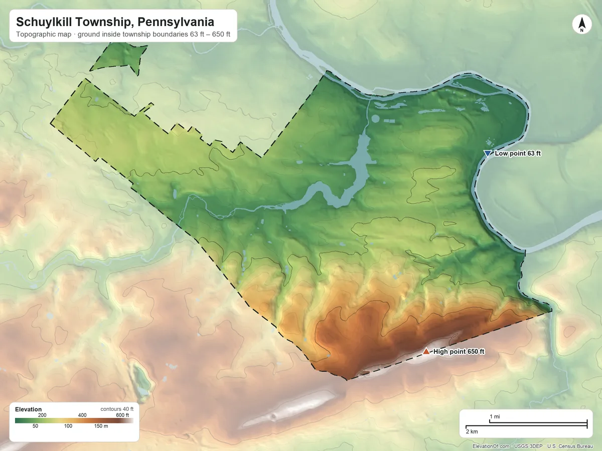 Topographic elevation map of Schuylkill Township, Pennsylvania, shaded from 63 ft on the east side to 650 ft on the southeast edge, below higher ground just outside