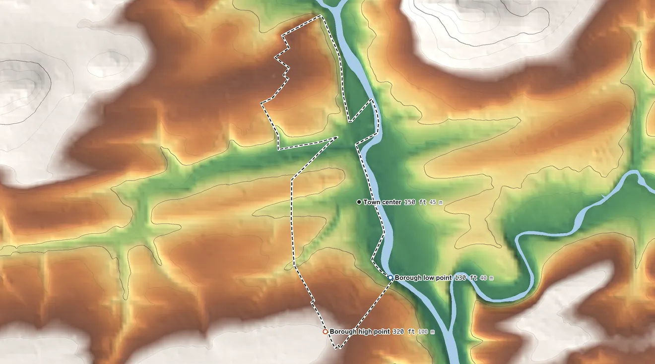 Topographic elevation map of Schwenksville, Pennsylvania, shaded from 130 ft on the south side to 320 ft on the south side